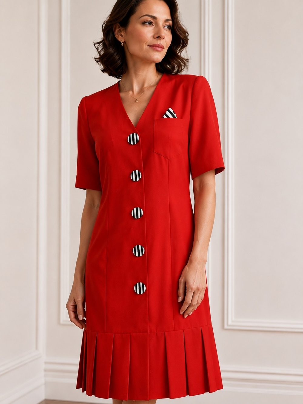 Vintage 80s Caron Chicago Red Sheath Dress Striped Buttons Pleated Hem